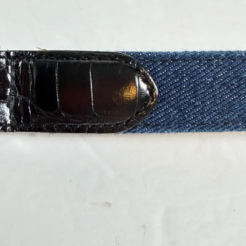 Brighton Denim Belt M/L 32 Blue Black Croc Embossed Leather Silver Flower Charm